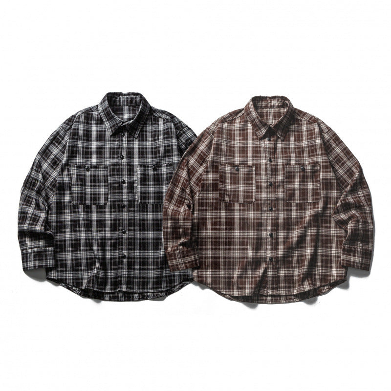 Men's Boxy Flannel Overshirt with Check Pattern, Full Button Placket and Curved Hem Chichicherry