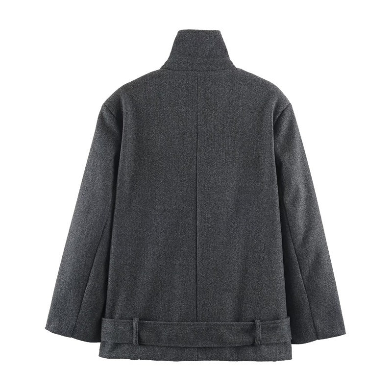 Men's short double-breasted wool coat with stand collar and waist belt Chichicherry