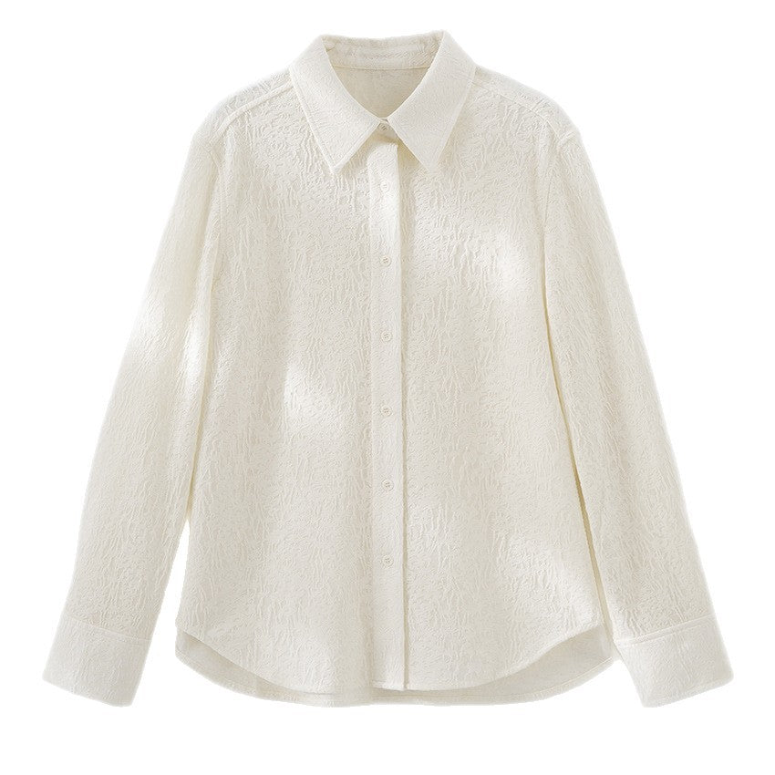 Ladies Textured Oversized Shirt Blouse with Shirt Collar and Cuffs Chichicherry