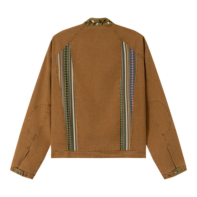 Women's Short Canvas Blouson with Woven Ethno Striped Front and Flap Pockets Chichicherry
