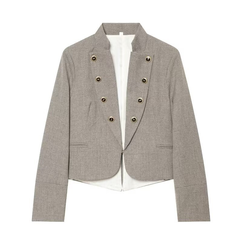 Ladies short blazer in military style with stand-up collar, double-breasted decorative button placket and tailored silhouette Chichicherry