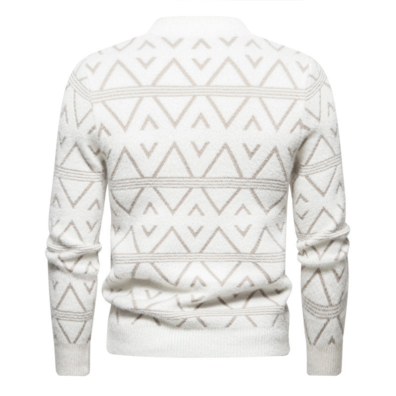 Men's fine-knit mock neck pullover with geometric jacquard pattern and ribbed hem Chichicherry