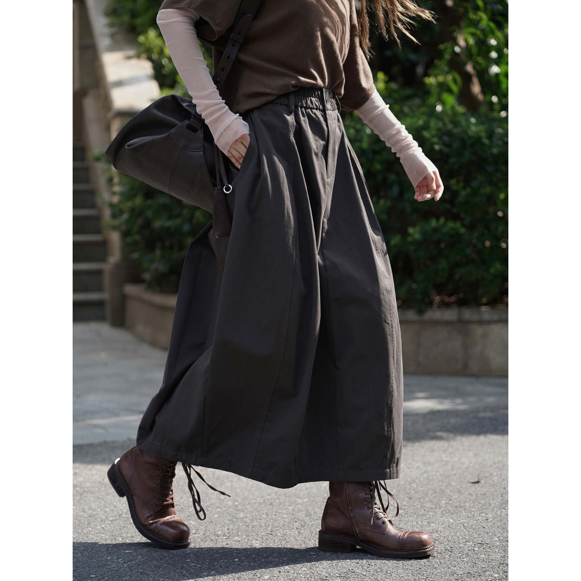 Women Wide Midi-Length Pleated Skirt with Elastic Button Waistband Chichicherry