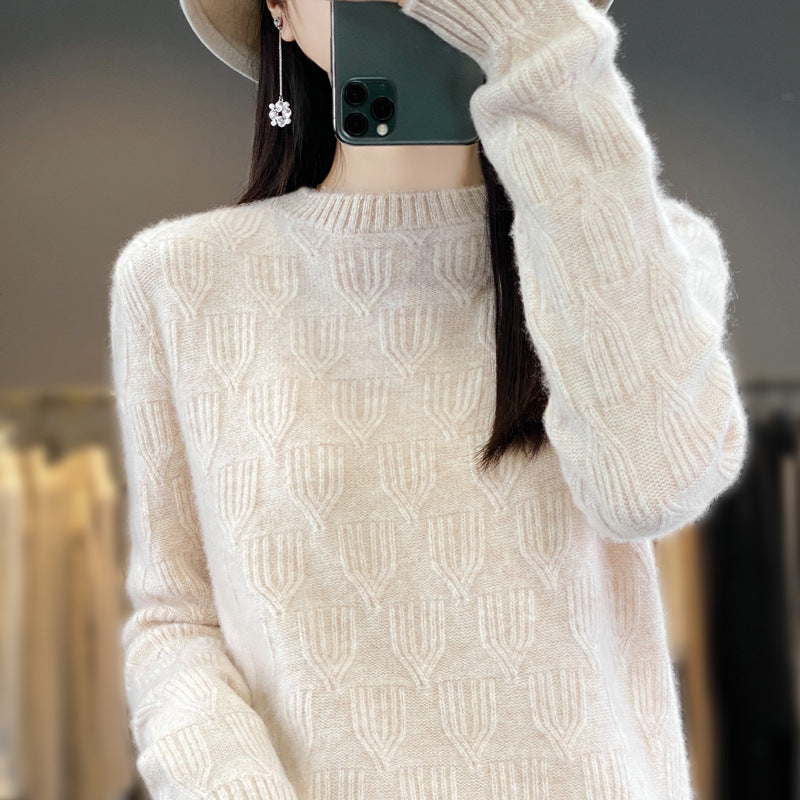 Women's Soft Mohair-Look Round Neck Sweater with Raised Tulip Texture Chichicherry