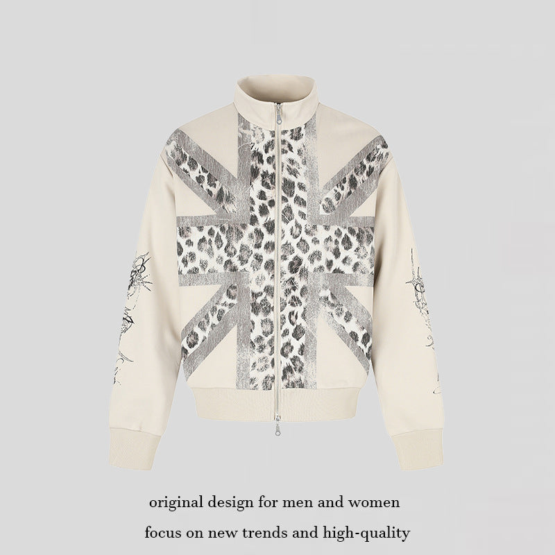 Women's Zip Sweat Jacket with Stand-Up Collar and Leopard Union Jack Print Chichicherry