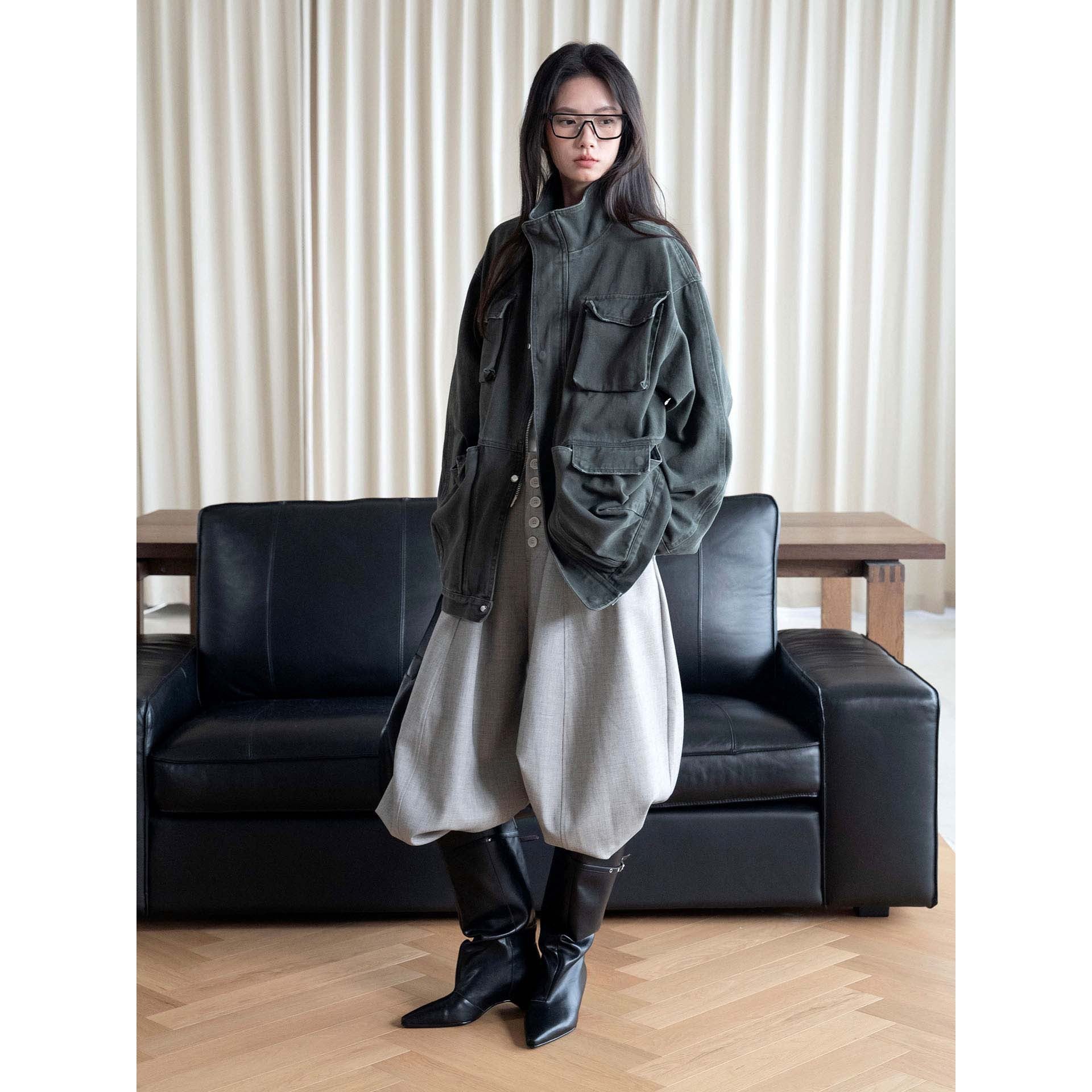 Women's Oversized Field Jacket made of sturdy canvas with a high collar and patch pockets Chichicherry