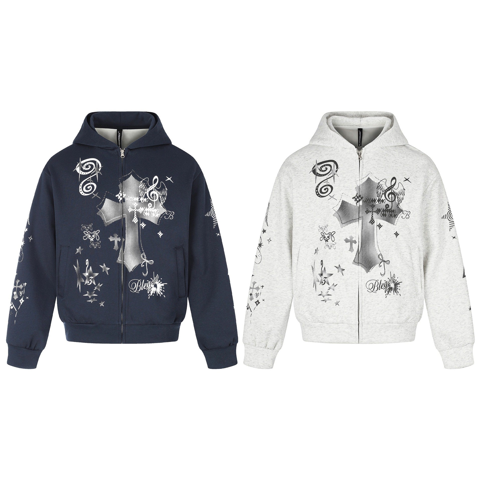 Unisex Printed Hooded Zip Jacket in Casual Boxy Cut with Full Zip Chichicherry