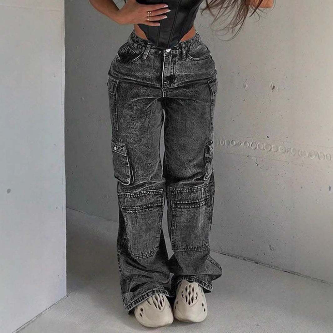 Women's Cargo Denim Pants with High Waist, Loose Baggy Cut and Functional Flap Pockets Chichicherry