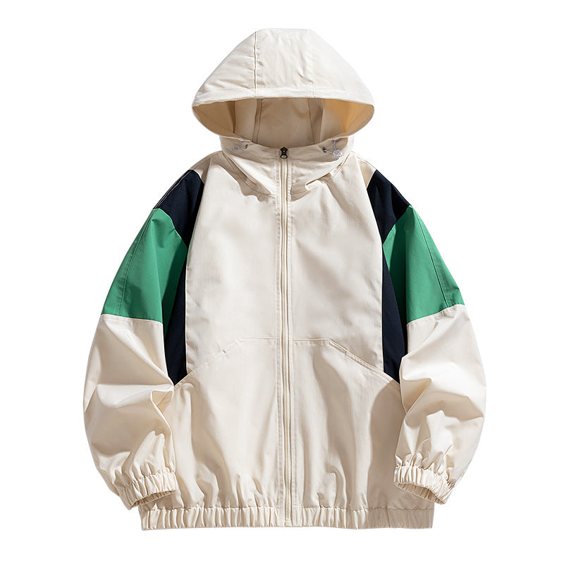 Men's Colorblock Windbreaker Hooded Jacket with Zipper and Elastic Hem Chichicherry