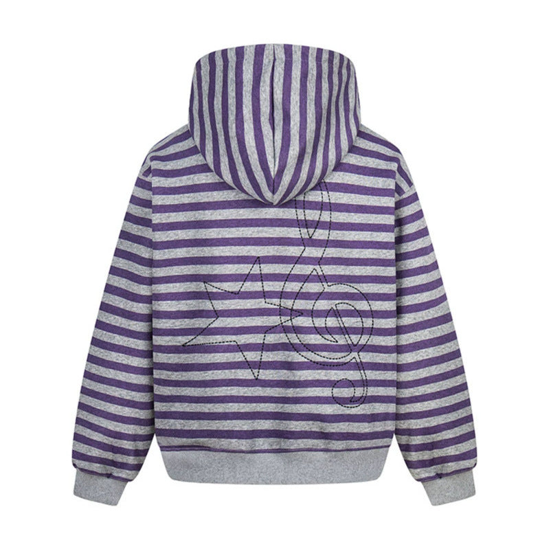 Women's oversized striped hooded sweatshirt jacket with full-length zipper and typographic front print Chichicherry