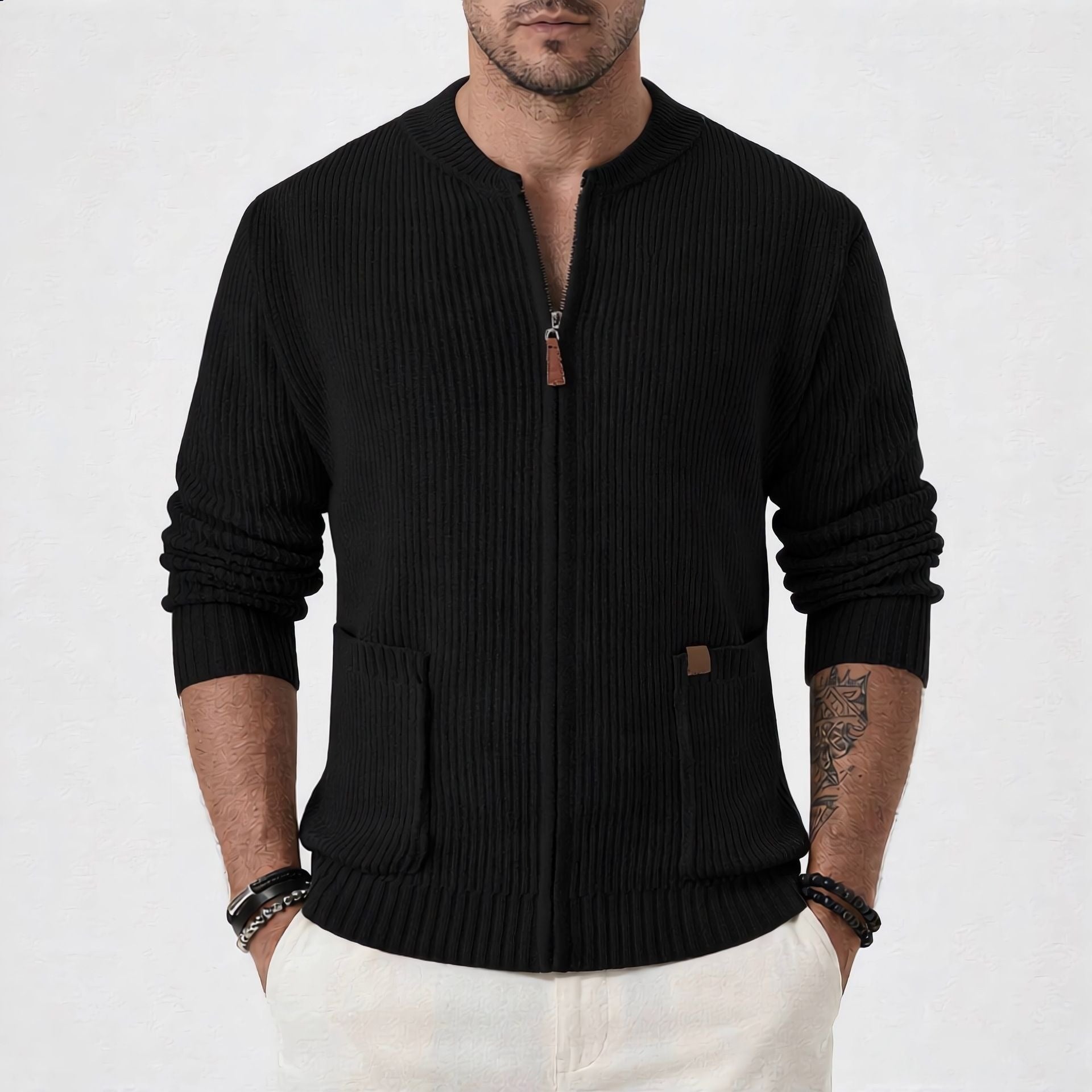 Men's ribbed cardigan with front zipper and patch pockets Chichicherry