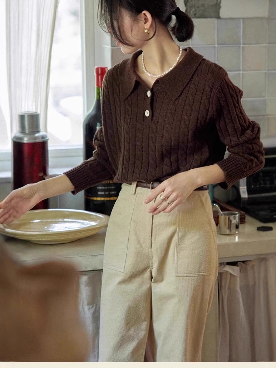 Women Polo Collar Cable Knit Sweater with Half Button Placket Chichicherry