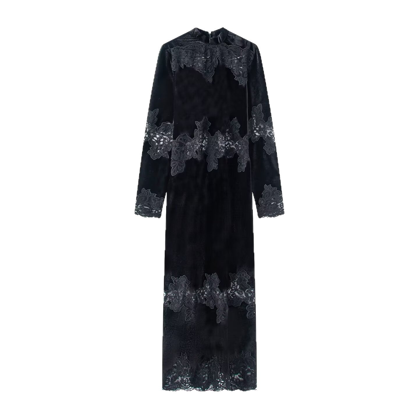 Women Velvet Maxi Dress with Lace Trim, Stand Collar and Long Sleeves Chichicherry