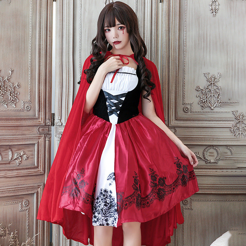 Women Fairy Tale Little Red Riding Hood Costume with Voluminous Overskirt and Hood Chichicherry