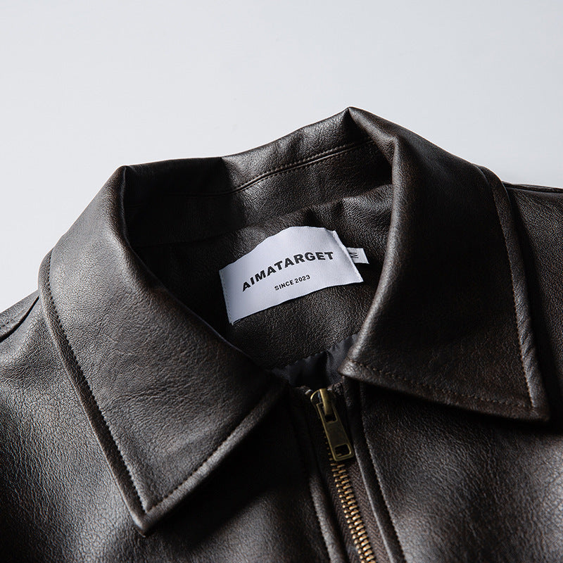 Men's leather bomber jacket in boxy cut with full-length zipper and ribbed hem Chichicherry