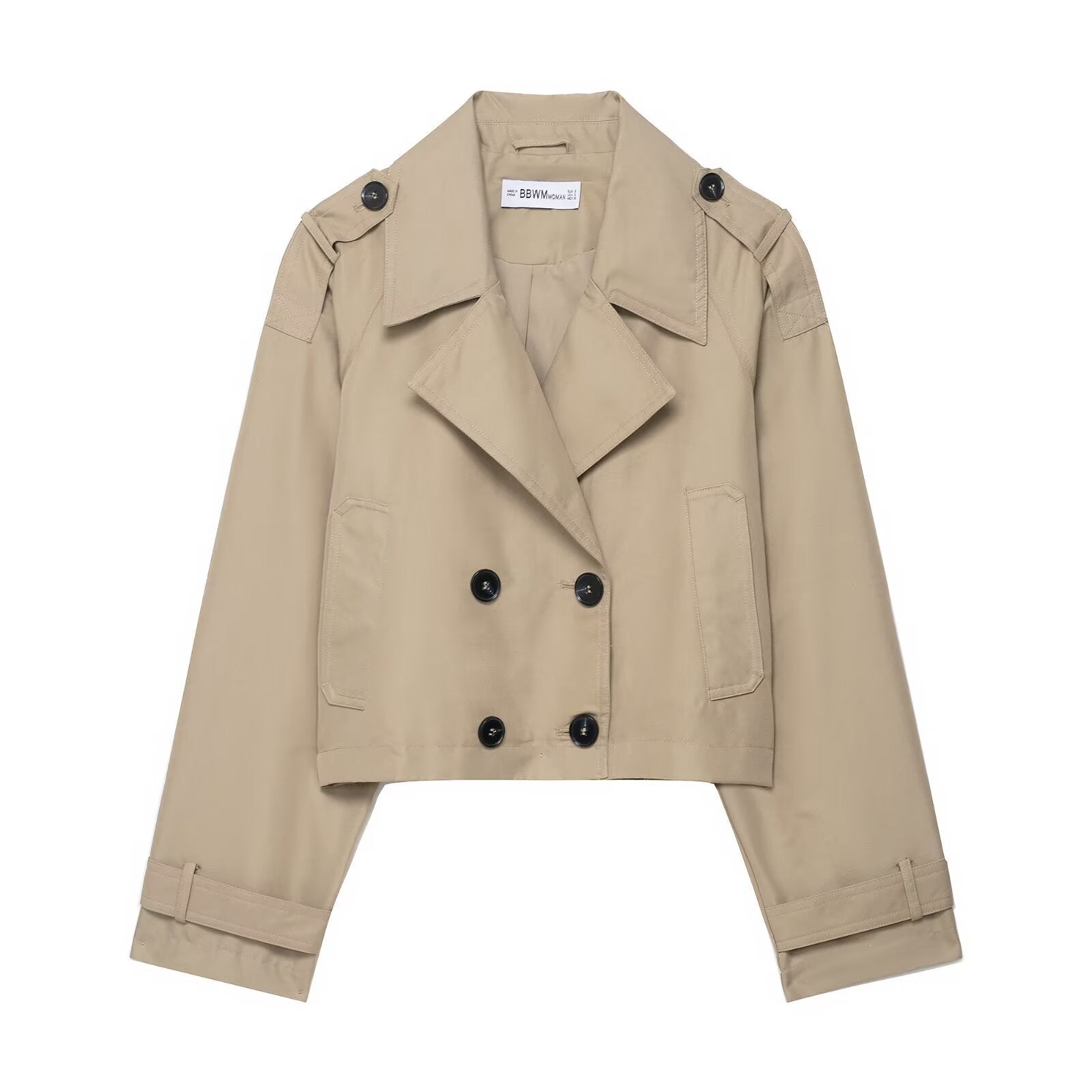 Women's Cropped Double-Breasted Trench Coat with Epaulettes, Wide Lapels and Adjustable Sleeve Straps Chichicherry
