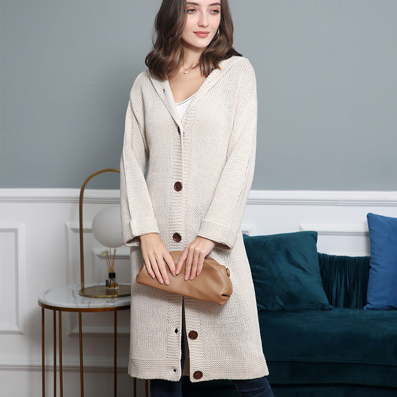 Women's Hooded Long Cardigan made of medium-thick ribbed knit with a full button placket and loose oversized cut Chichicherry