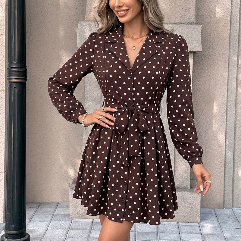 Women's Polka Dot Shirt Dress with Waist Belt and Swinging A-Line Chichicherry