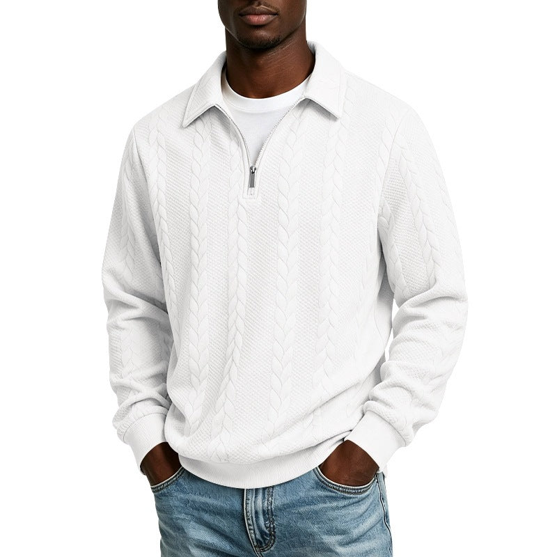 Men's cotton blend polo sweater with short front zip and cable knit pattern Chichicherry