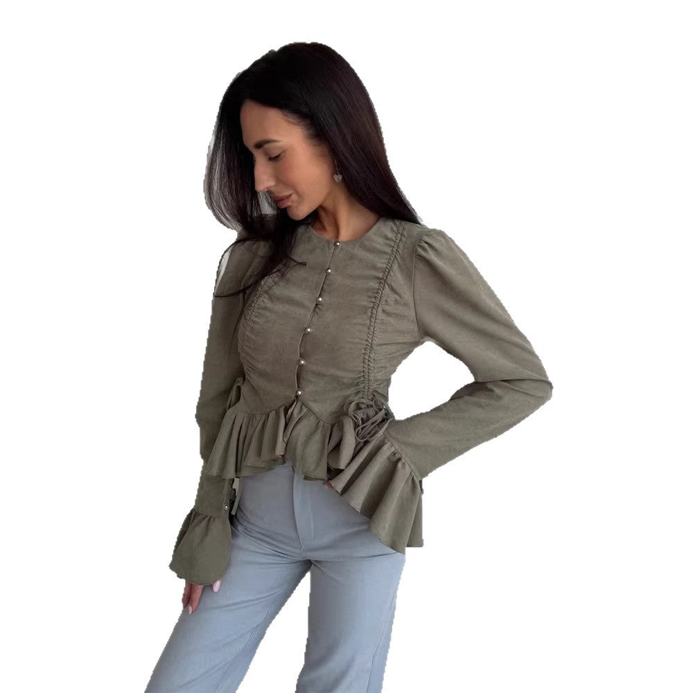 Women's Ruffled Fitted Blouse with Peplum & Puff Sleeves Chichicherry