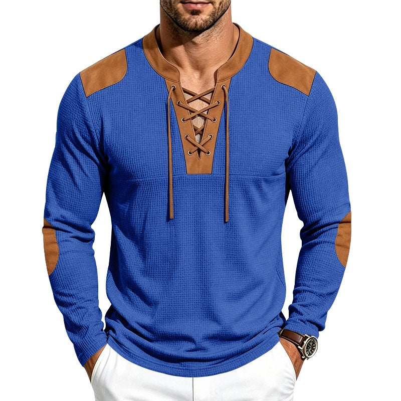 Men's Waffle Knit Long Sleeve Shirt with Laced Collar and Faux Leather Patches Chichicherry
