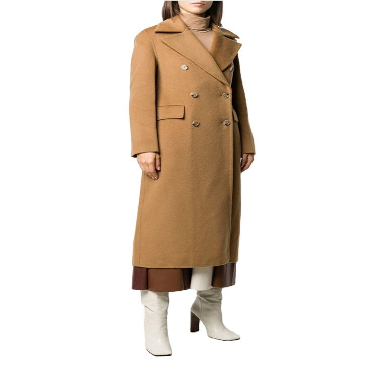 Women's Floor-Length Double-Breasted Wool Blend Long Coat with Subtle Walking Slit and Wide Shawl Collar Chichicherry