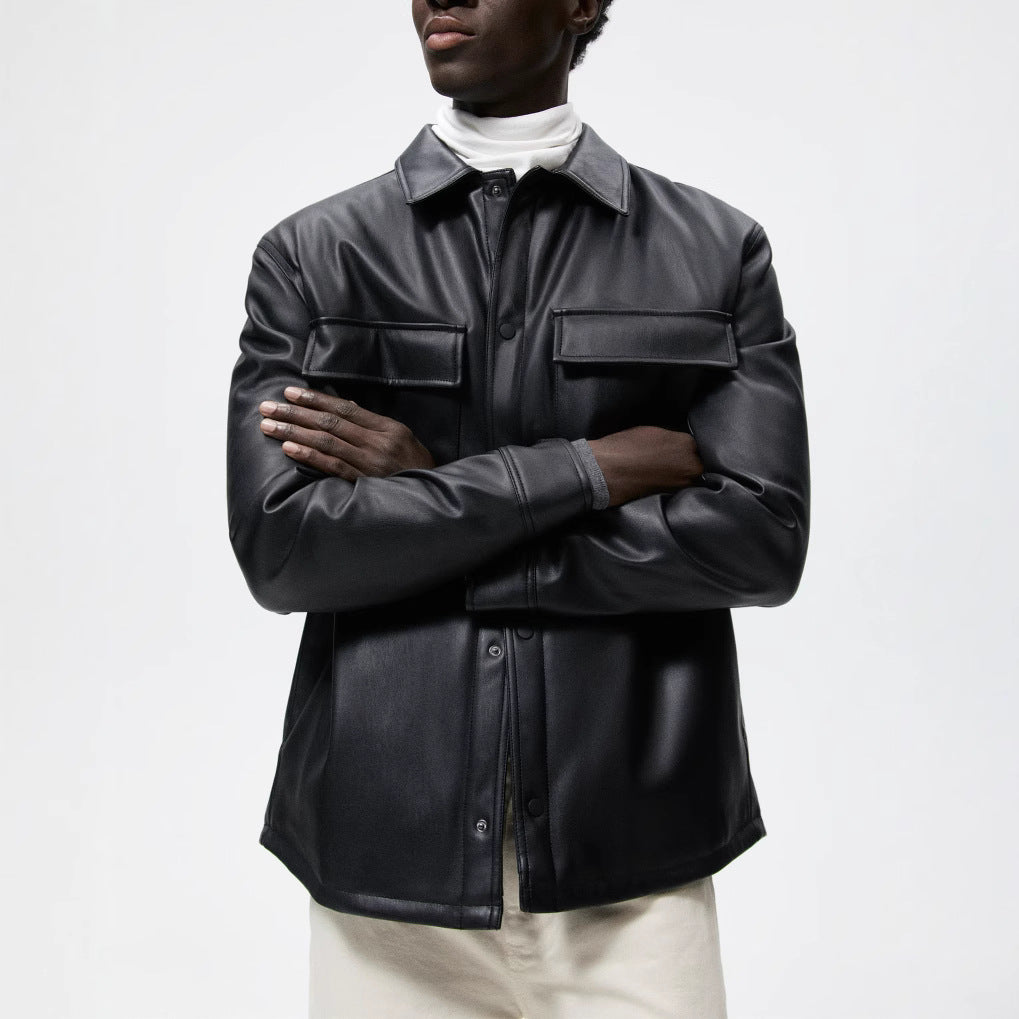 Men's Vegan Smooth Leather Overshirt in Shirt Jacket Style with Concealed Snap Button Placket Chichicherry