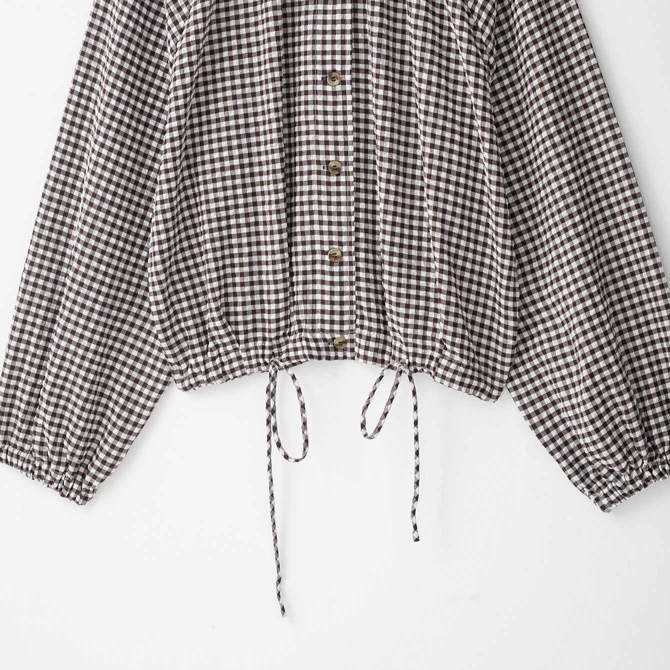 Women’s check blouse with stand-up collar, button closure and drawstring hem Chichicherry