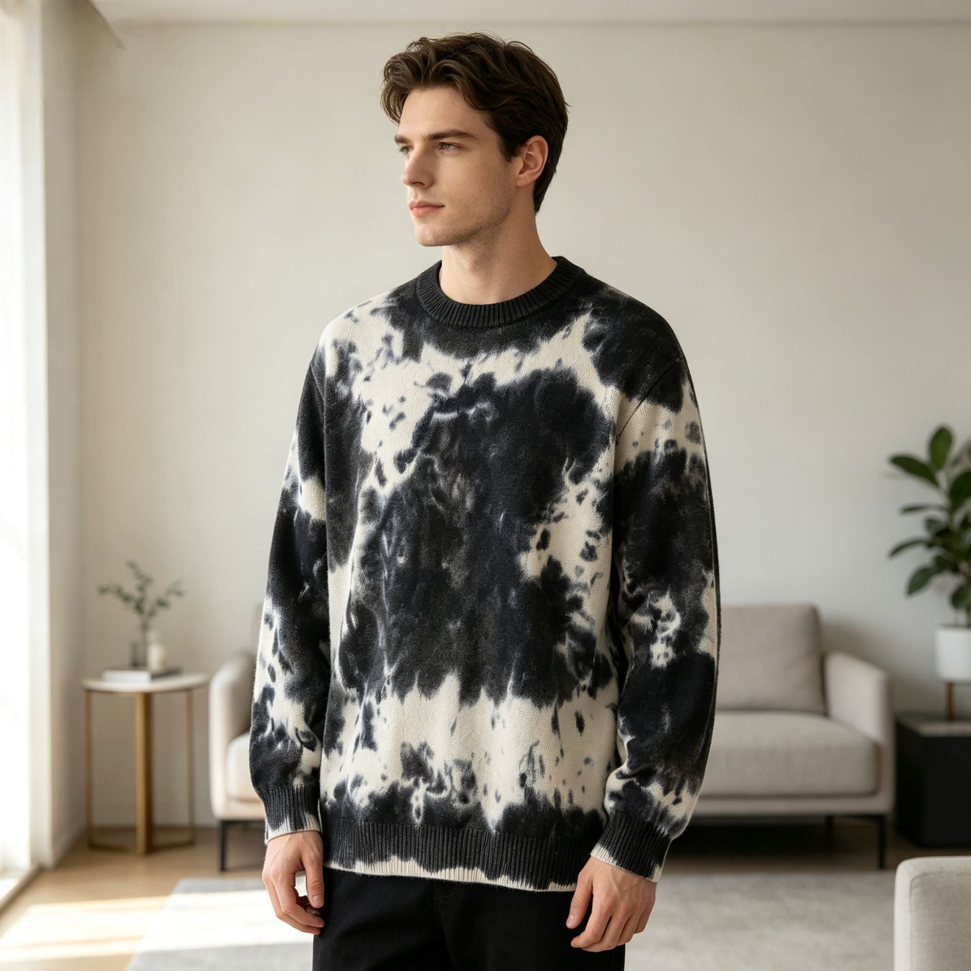 Herren Oversized Batik-Pullover mit Rundhalsausschnitt und Rippbündchen Chichicherry