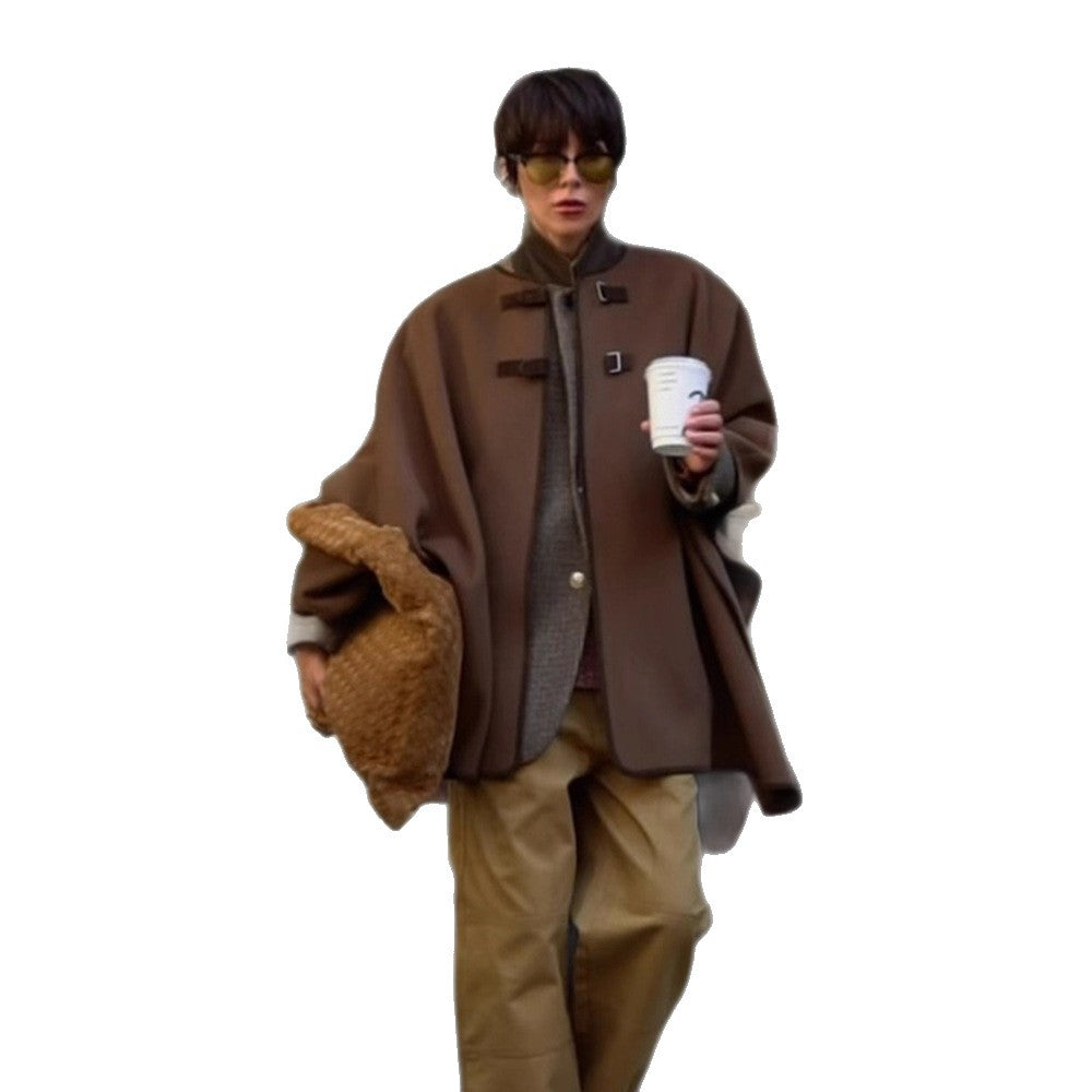 Women's Oversize Cape Coat made of wool blend with high stand-up collar and leather tabs Chichicherry