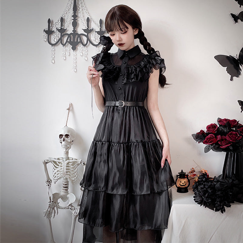 Ladies Elegant Maxi Dress with Voluminous Ruffles and Waist Belt Chichicherry