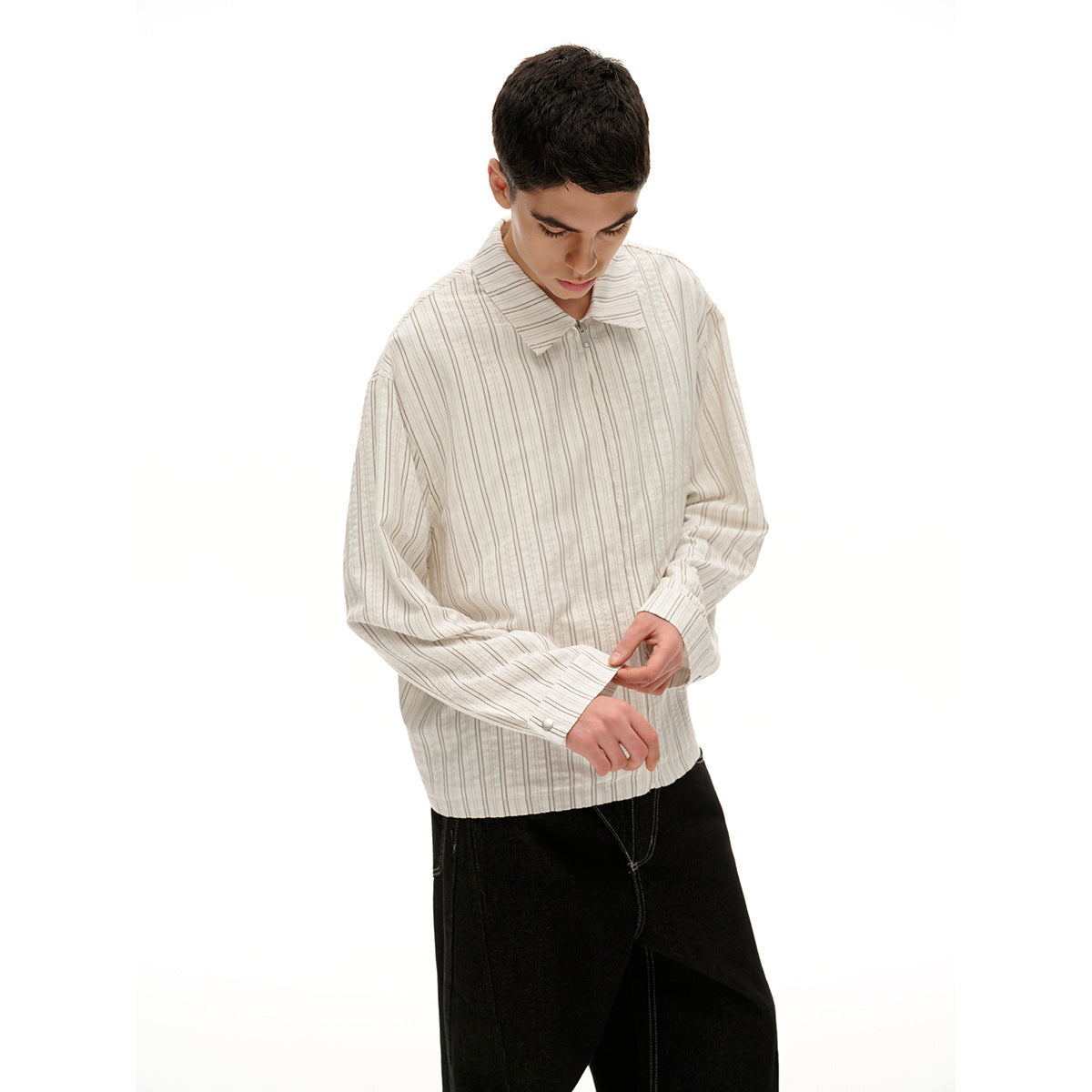 Unisex Lightweight Striped Overshirt Jacket with Shirt Collar and Concealed Zipper Chichicherry