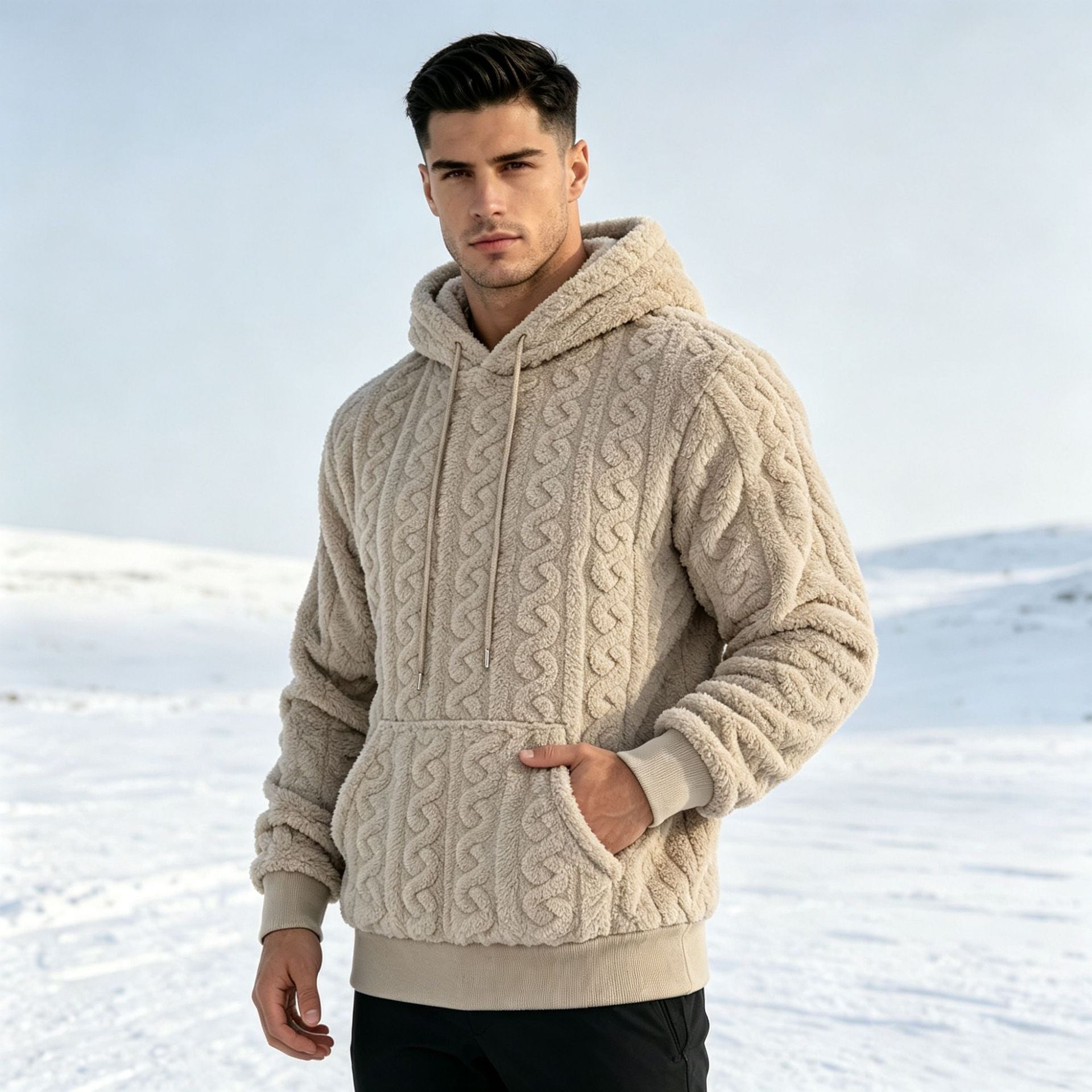 Men's Sherpa Hoodie with Cable Knit Pattern, Kangaroo Pocket and Ribbed Cuffs Chichicherry