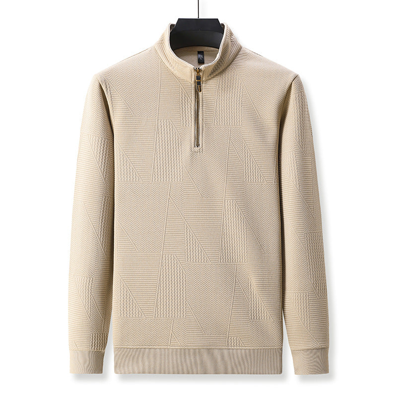 Men's Structured Pullover with Half Zipper High Stand Collar and Geometric Relief Structure Chichicherry