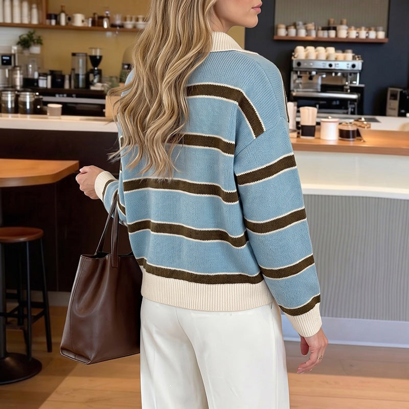 Women Striped Polo Knit Sweater with Henley Button Placket and Dropped Shoulder Chichicherry