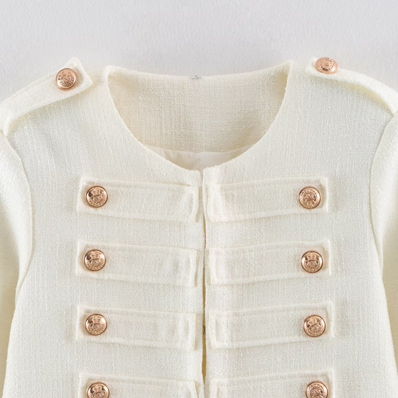 Women Short Boucle Jacket in Military Style with Decorative Stripes and Gold Buttons Chichicherry