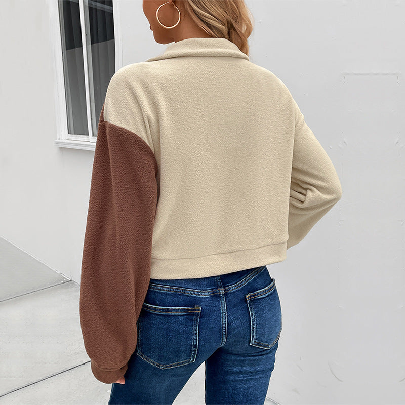 Women's short jacket made of teddy fleece with color block design & flap pockets Chichicherry