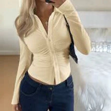 Women Tailored Buttonable Ruffle Top with V-Neck and Figure-Shaping Gather Chichicherry