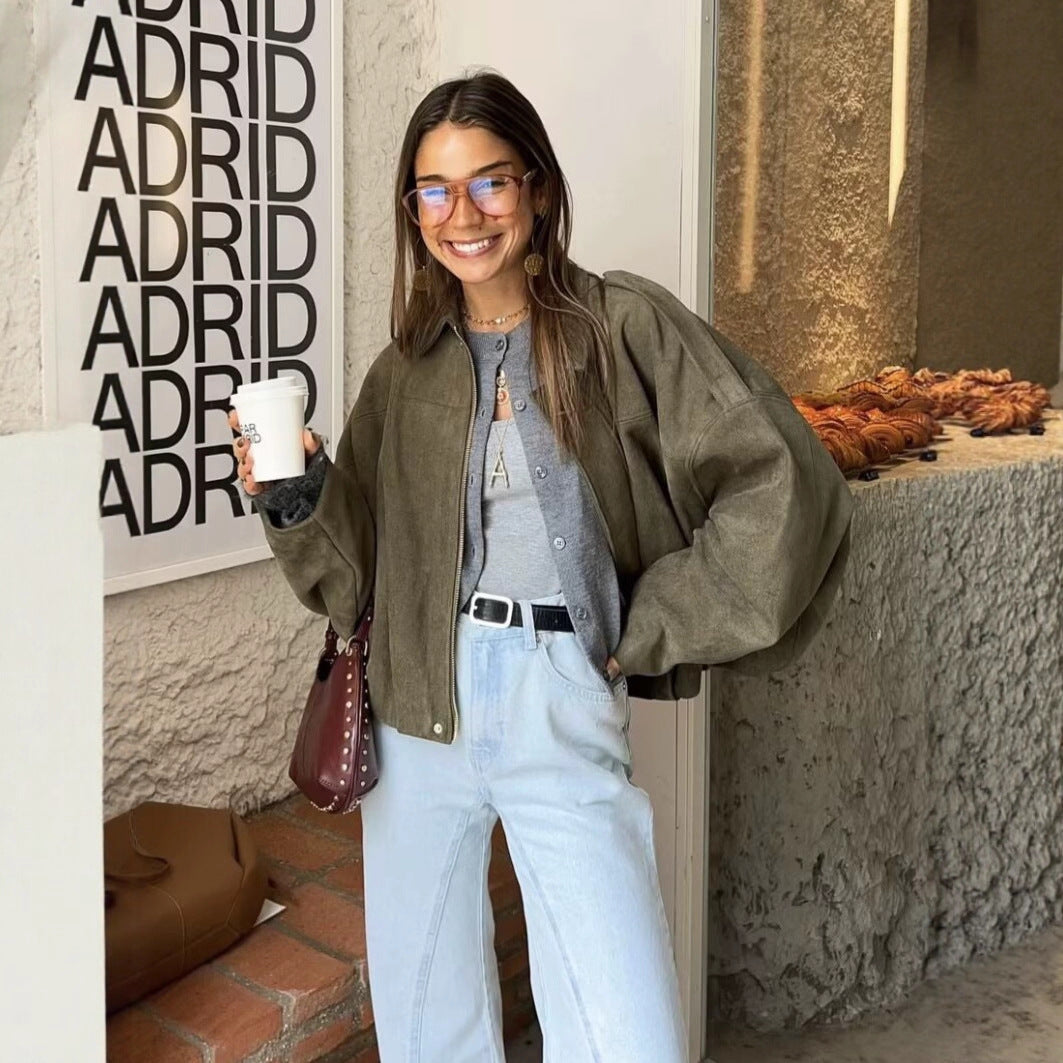 Women's Short Boxy Jacket in Oversized Suede Look with Balloon Hem Chichicherry
