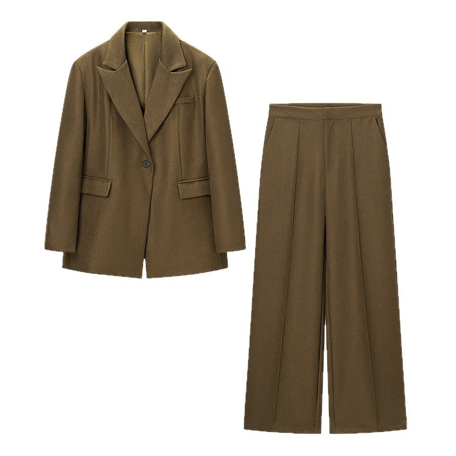 Women's Two-Piece Wool Mix Blazer and Palazzo Pants Set with Single Button Jacket and Crease Chichicherry