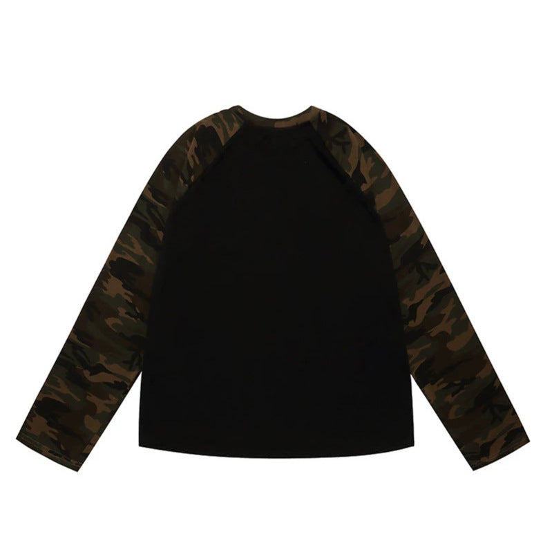 Women's Long Sleeve Shirt with Camouflage Raglan Sleeves and Rhinestone Logo Print Chichicherry