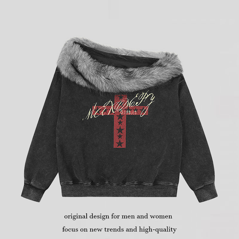 Women's Oversized Sweatshirt with Fur Collar, Vintage Wash and Cross Print Chichicherry