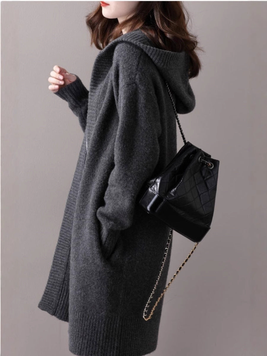 Women's Oversized Hooded Cardigan in Cashmere Look with Open Fall and Wide Rib Chichicherry