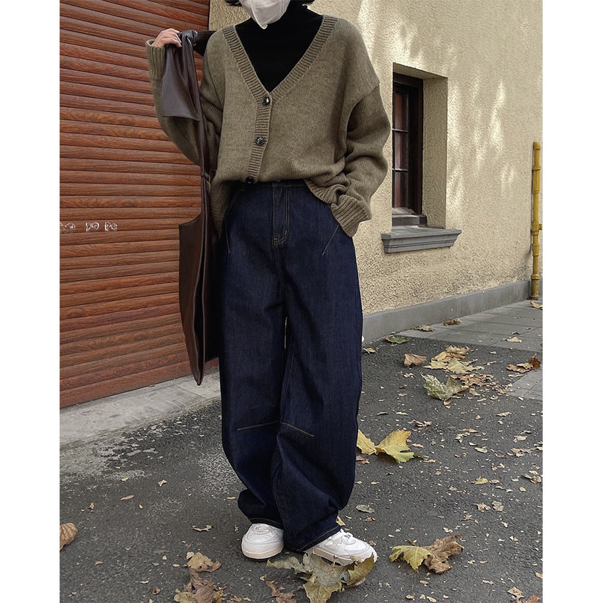 Women's Wide Baggy Jeans in Relaxed Fit with High Waist and Distinctive Stitching Details Chichicherry