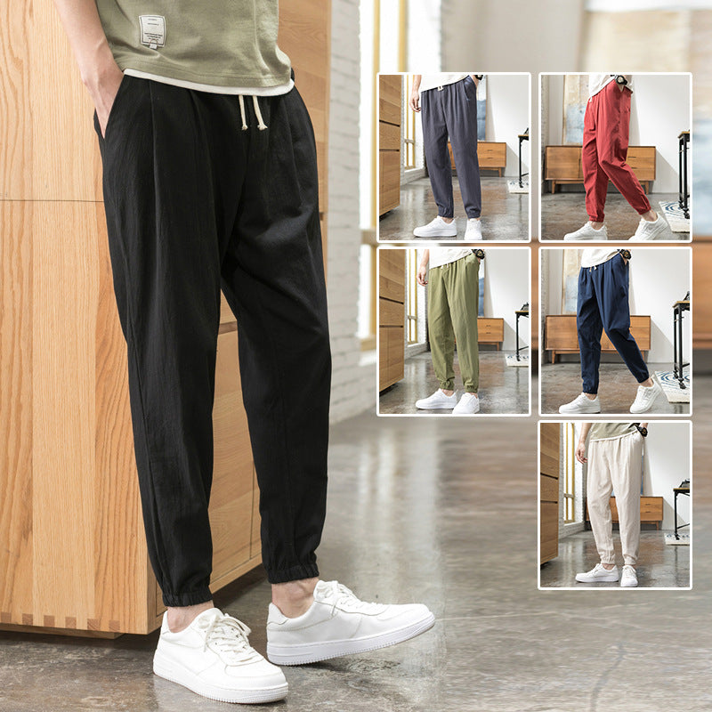 Men's Relaxed-Fit Linen Blend Jogging Pants with Pleats, Drawstring, and Elastic Cuffs Chichicherry