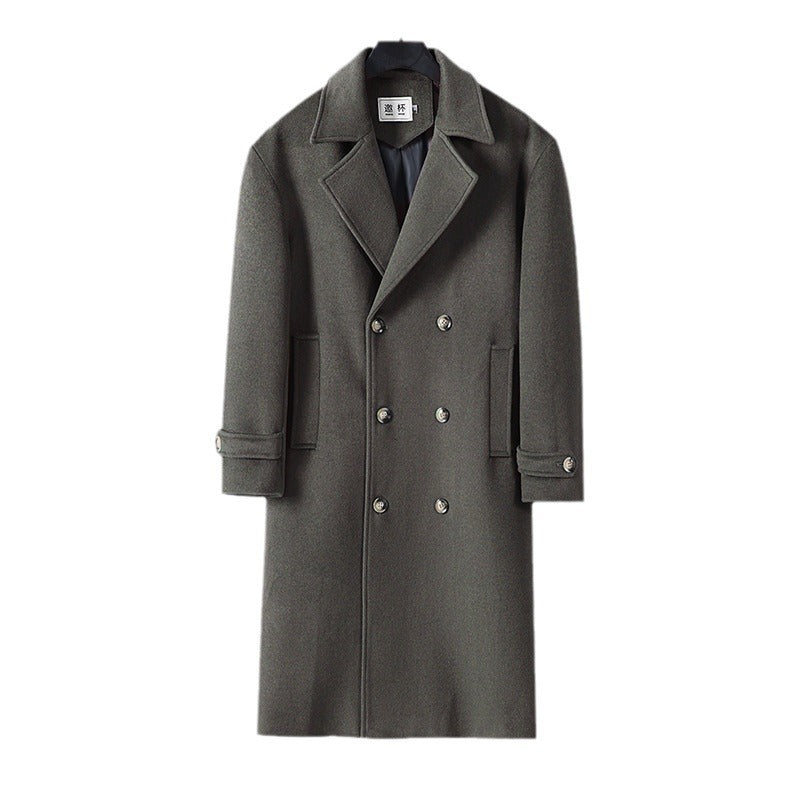 Men's Long Double-Breasted Wool Coat with Minimalist Silhouette and Shawl Collar Chichicherry