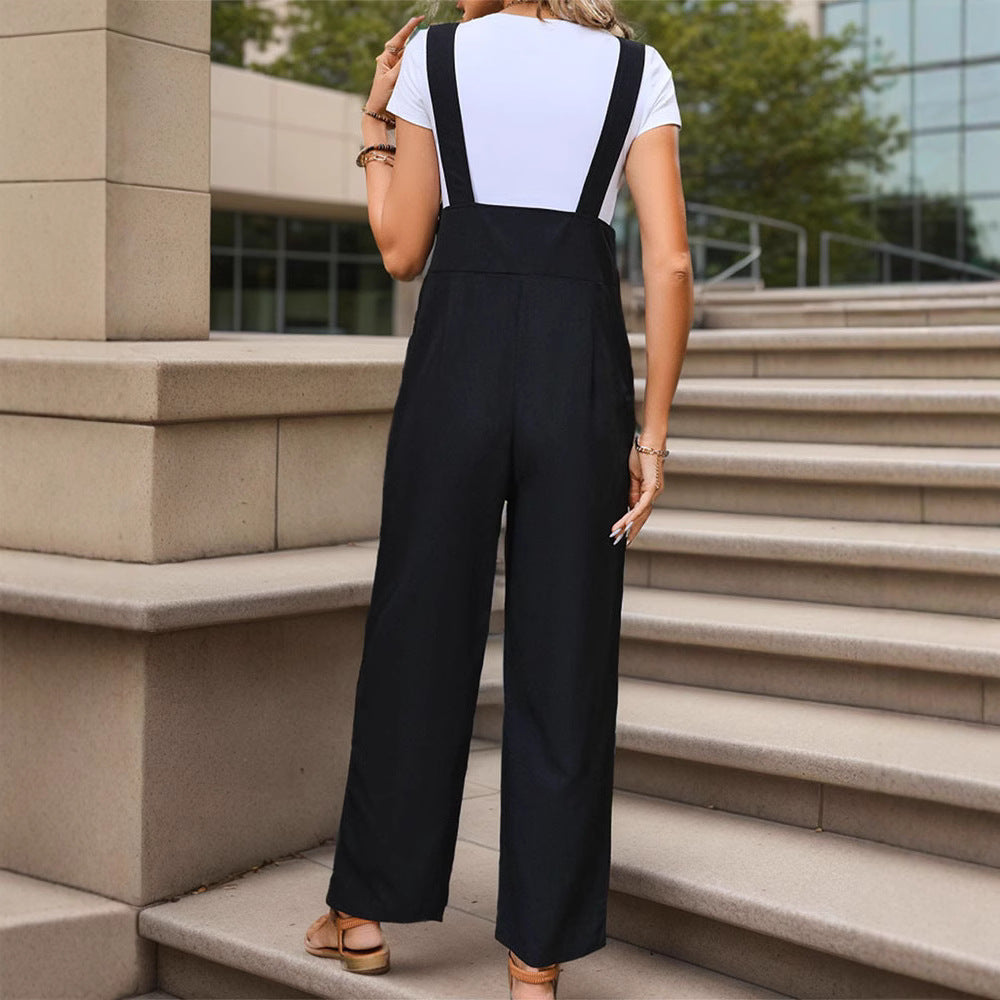 Ladies Soft-Falling Strap Jumpsuit with Wide Leg and Wooden Button Closure Chichicherry