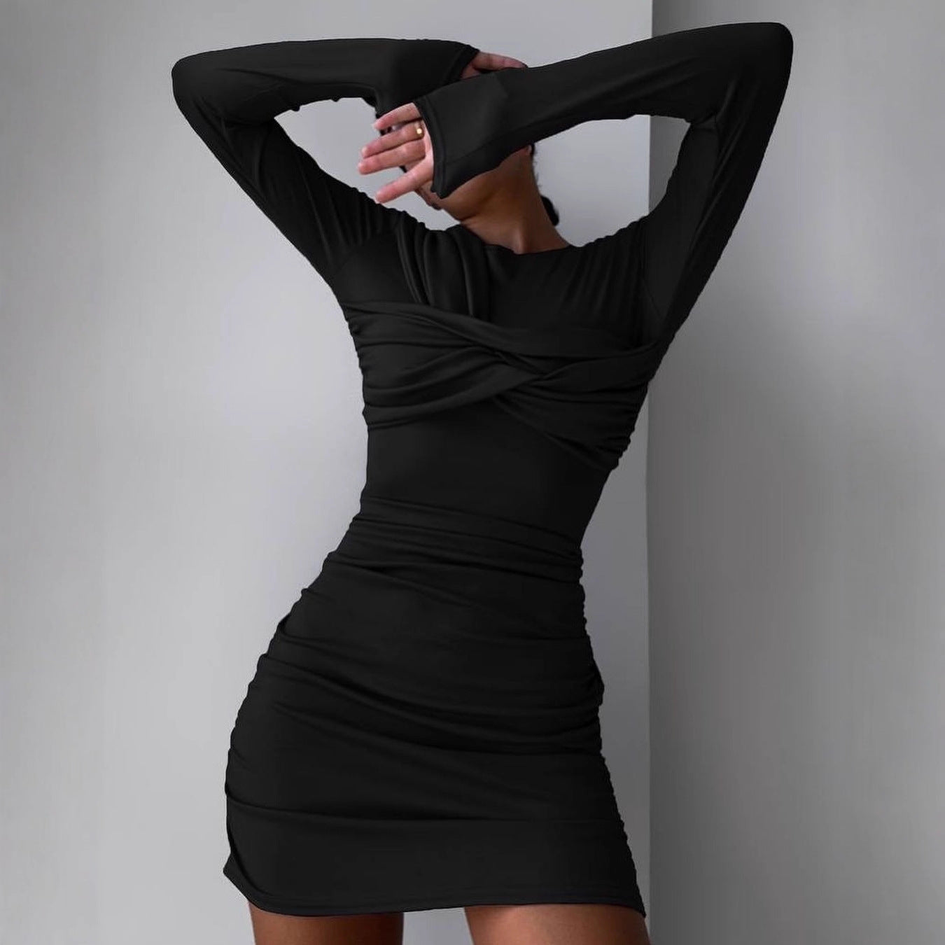 Damen Figurbetontes drapiertes Minikleid mit langen Ärmeln Chichicherry