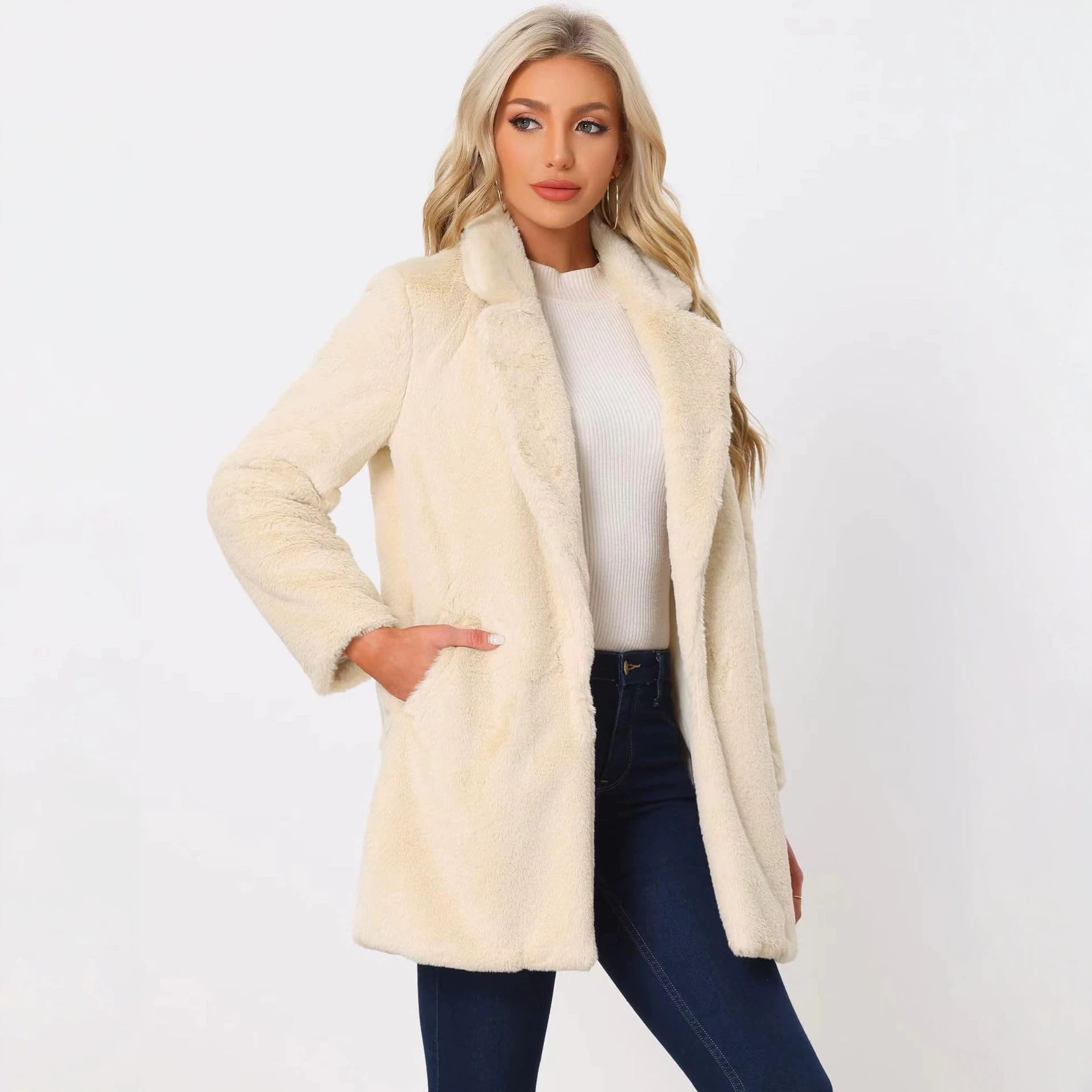 Ladies Mid-length Faux Fur Coat with Soft Shawl Collar and Pocket Chicicherry