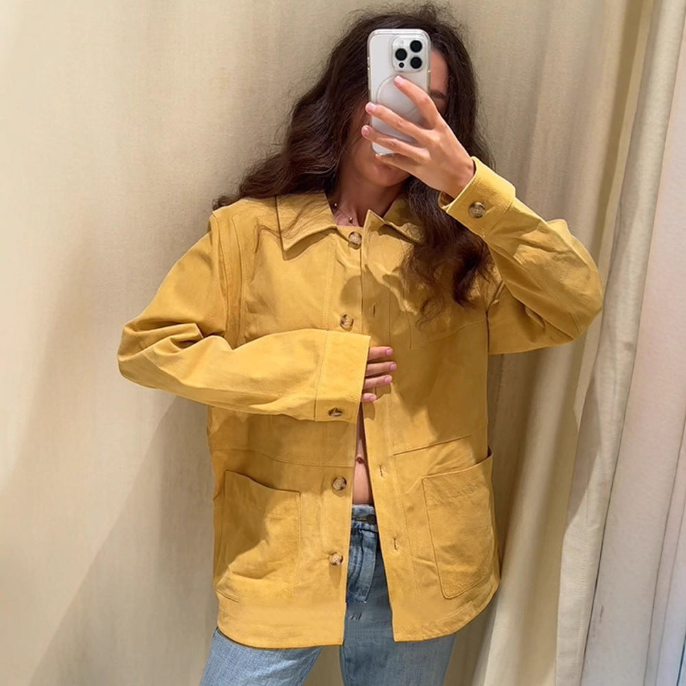 Women's Oversized Cotton Worker Jacket with Patch Pockets Chichicherry
